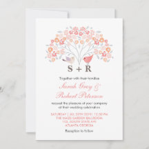 ホワイトピンクフラワーラブバード結婚式招待状