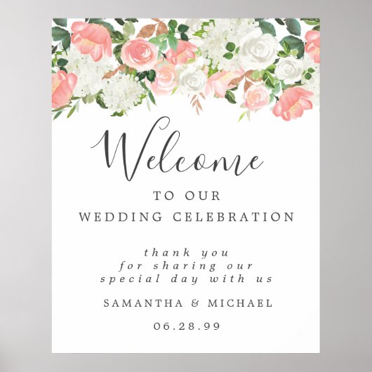 ホワイトピンクフローラが私たちのサイン結婚へようこそ ポスター (正面)