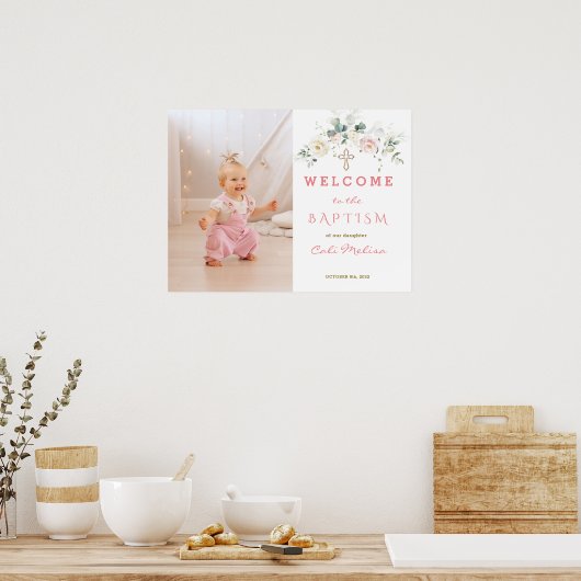 ホワイトピンクフローラガールフォトバプテスマ歓迎サイン ポスター (キッチン)