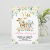 ホワイトピンクフローラワイルドワン誕生日招待状 招待状 (スタンド正面)