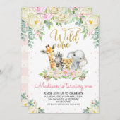 ホワイトピンクフローラワイルドワン誕生日招待状 招待状 (正面/裏面)