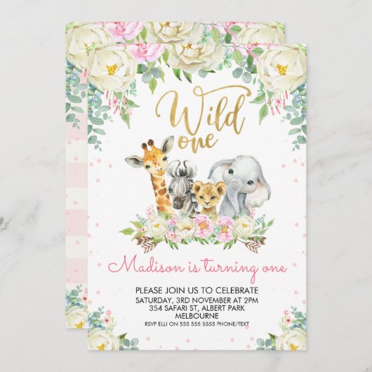 ホワイトピンクフローラワイルドワン誕生日招待状 招待状 (正面/裏面)