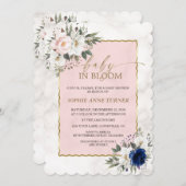 ホワイトピンクブルーフローラツインズ金ゴールドベビーイン開花 招待状 (正面/裏面)