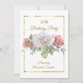 ホワイトピンクブーケフラワーズ金ゴールド誕生日パーティー 招待状 (正面)