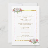 ホワイトピンクブーケフラワーズ金ゴールド誕生日パーティー 招待状 (裏面)