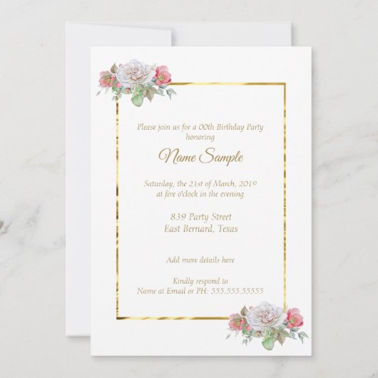 ホワイトピンクブーケフラワーズ金ゴールド誕生日パーティー 招待状 (裏面)