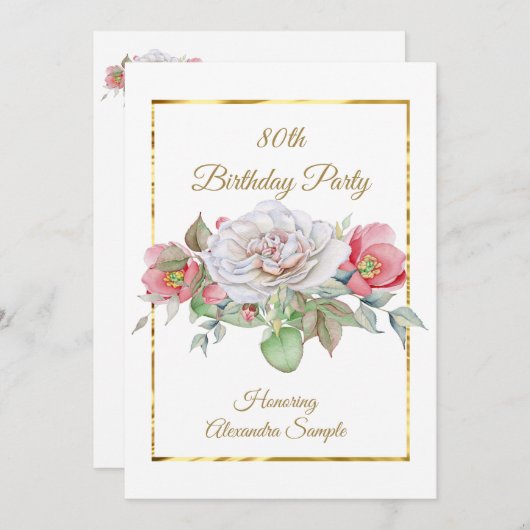 ホワイトピンクブーケフラワーズ金ゴールド誕生日パーティー 招待状 (正面/裏面)