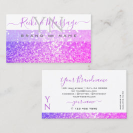 ホワイトピンクモダンパープルスパークルグリッターモノグラム 名刺