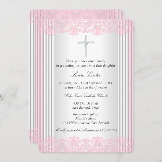 ホワイトピンクレースクロスバプテスマ《キリスト教》洗礼式や命名式 招待状 (正面/裏面)