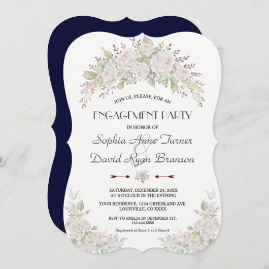 ホワイトピンクローズネイビーブルー婚約パーティ 招待状 (正面/裏面)