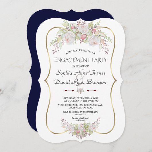 ホワイトピンクローズ金ゴールドフレームネイビー婚約パーティ 招待状 (正面/裏面)