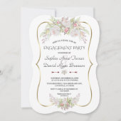 ホワイトピンクローズ金ゴールドフレームネイビー婚約パーティ 招待状 (正面)