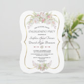 ホワイトピンクローズ金ゴールドフレームネイビー婚約パーティ 招待状 (スタンド正面)