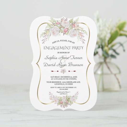 ホワイトピンクローズ金ゴールドフレームネイビー婚約パーティ 招待状 (スタンド正面)