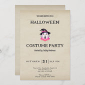ホワイトピンク幽霊ウィッチハットヴィンテージハロウィーン 招待状 (正面/裏面)