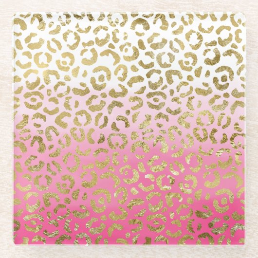ホワイトピンク水彩金ゴールドグラムヒョウ印刷 ガラスコースター (正面)