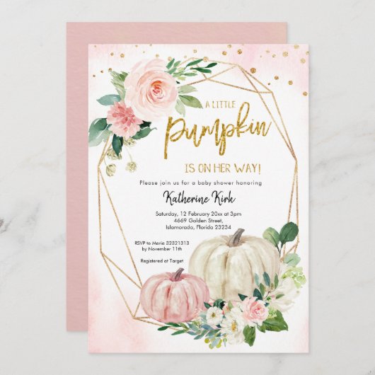 ホワイトピンク赤面カボチャが途中招待状 招待状 (正面/裏面)