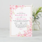 ホワイトピンク金ゴールドモダンフローラミニマ結婚リスト 招待状 (スタンド正面)