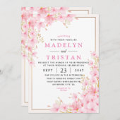 ホワイトピンク金ゴールドモダンフローラミニマ結婚リスト 招待状 (正面/裏面)