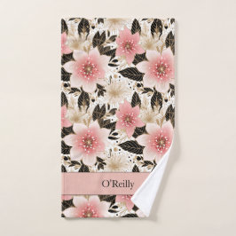 ホワイトピンク黒花モノグラム漬けボールタオル ハンドタオル