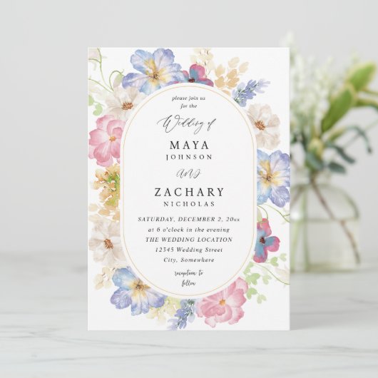 ホワイトピンク&パープルフローラ結婚式招待状 招待状 (スタンド正面)