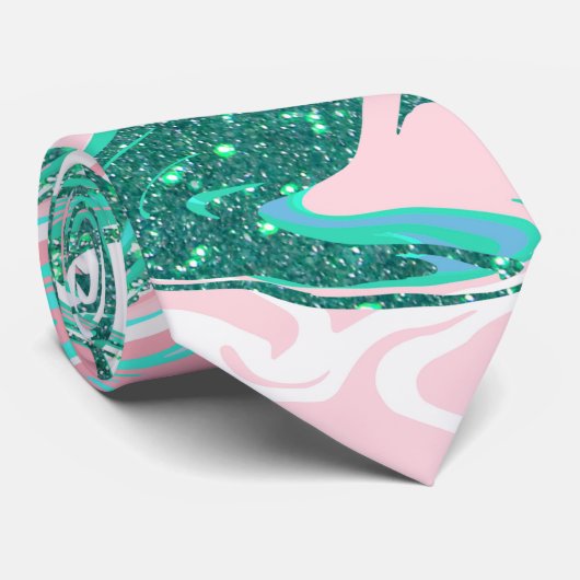 ホワイトピンモダンクティール(緑がかった色)グリーングリッター大理石 ネクタイ (ロール)