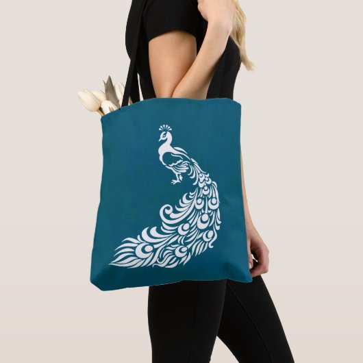 ホワイトピーコックオンティール（緑がかった色）シックスタイリッシュアールデコデザイン トートバッグ (クローズアップ)