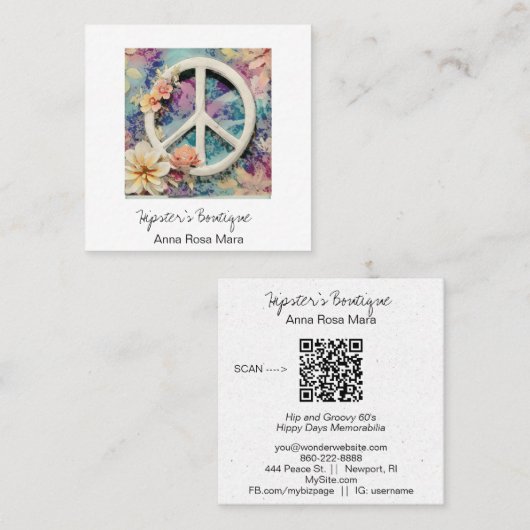 *~*ホワイトピースサイングランジフラワーズボホAP57 QR スクエア名刺 (正面/裏面)