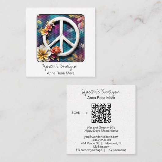 *~*ホワイトピースサイングランジフラワーボホQR AP57 スクエア名刺 (正面/裏面)