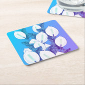 ホワイトピースリリーイラストレーション淡い色のブルーパープル スクエアペーパーコースター (アングル)