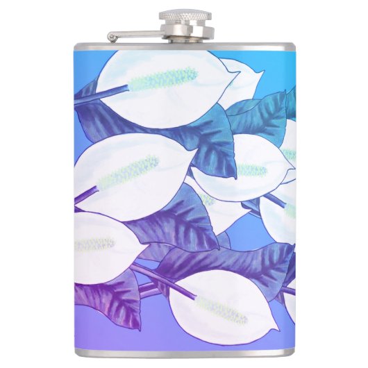ホワイトピースリリーイラストレーション淡い色のブルーパープル フラスク (正面)