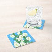 ホワイトピースリリーイラストレーション淡い色のブルー スクエアペーパーコースター (インサイチュ)