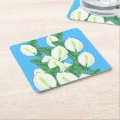 ホワイトピースリリーイラストレーション淡い色のブルー スクエアペーパーコースター (アングル)