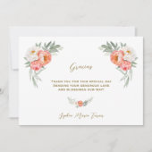 ホワイトピーチフラワーグラシアススペインのベビーシャワー サンキューカード (正面)