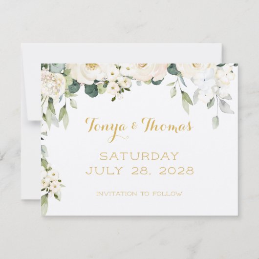 ホワイトピーニーエピファニー日付の封筒を保存 招待状 (裏面)