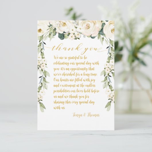 ホワイトピーニーエピファニー結婚ズディナープレート サンキューカード (スタンド正面)