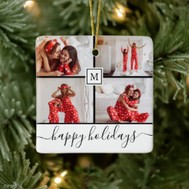 ホワイトファミリーフォトコラージュモノグラム Happy Holidays セラミックオーナメント