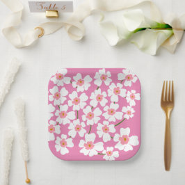ホワイトファンタジーフラワーラバーパターンピンク結婚ズ ペーパープレート