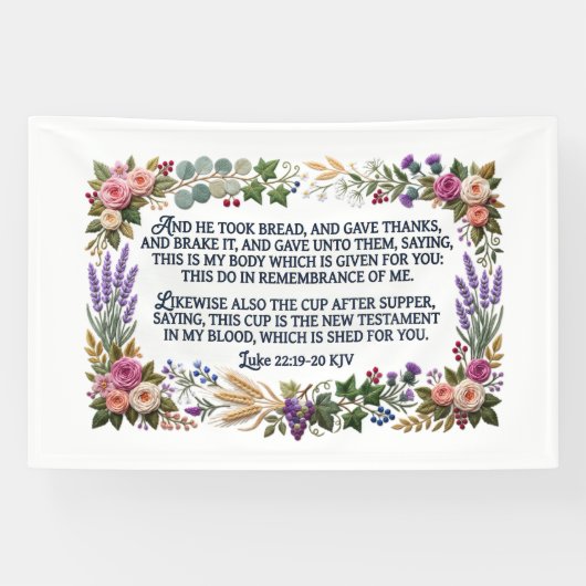 ホワイトフェイク刺繍聖餐ルカの福音書22:19-20 KJV 横断幕 (横)