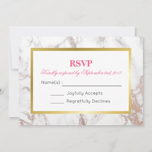 ホワイトフェイク大理石テクスチャーとゴールドフレームの出欠確認 招待状 (正面)