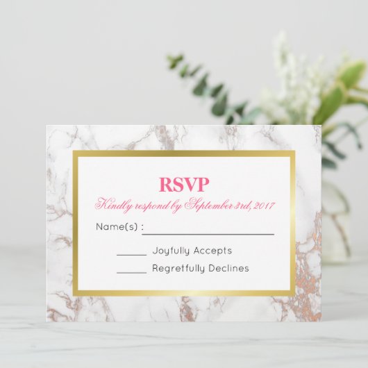 ホワイトフェイク大理石テクスチャーとゴールドフレームの出欠確認 招待状 (スタンド正面)