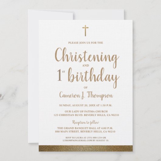 ホワイトフェイク金ゴールドクロス《キリスト教》洗礼式や命名式&第1誕生日 招待状 (正面)