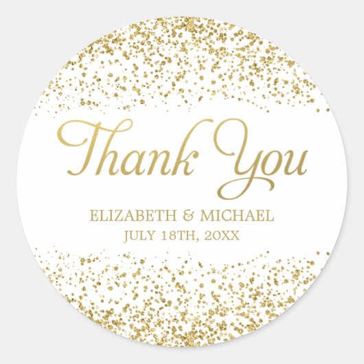ホワイトフェイク金ゴールドグリッター結婚式の引き出物ありがとう ラウンドシール (正面)