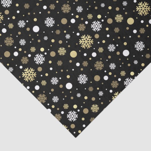 ホワイトフェイク金ゴールドスノーフレーク水玉模様アートオンブラック 薄葉紙 (詳細)