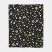 ホワイトフェイク金ゴールドスノーフレーク水玉模様オンブラック フリースブランケット (正面)