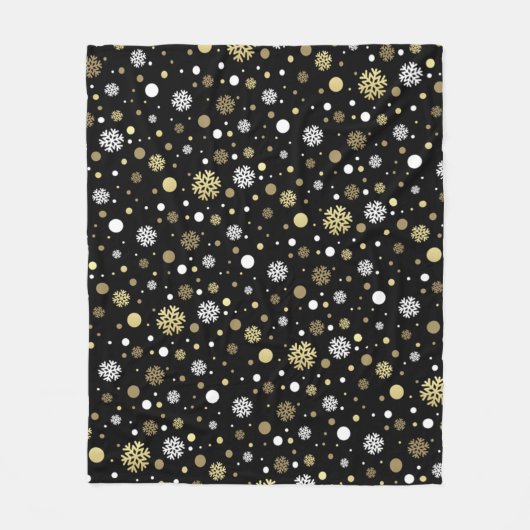 ホワイトフェイク金ゴールドスノーフレーク水玉模様オンブラック フリースブランケット (正面)
