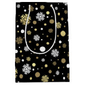 ホワイトフェイク金ゴールドスノーフレーク水玉模様オンブラック ミディアムペーパーバッグ (正面)