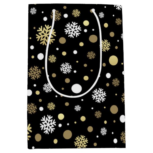 ホワイトフェイク金ゴールドスノーフレーク水玉模様オンブラック ミディアムペーパーバッグ (正面)