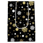 ホワイトフェイク金ゴールドスノーフレーク水玉模様オンブラック ミディアムペーパーバッグ (裏面)