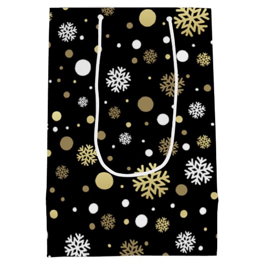 ホワイトフェイク金ゴールドスノーフレーク水玉模様オンブラック ミディアムペーパーバッグ (裏面)